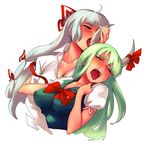  blush breasts covered_nipples ex-keine female_orgasm fujiwara_no_mokou horn_licking horn_ribbon hornjob horns kamishirasawa_keine large_breasts licking multiple_girls open_mouth orgasm ribbon saliva simple_background tears touhou upper_body yuri yurikawa 