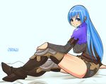  bad_id bad_pixiv_id blue_eyes blue_hair boots breasts fantasy_earth_zero fishnets large_breasts long_hair monmonism sitting smile solo thigh_boots thighhighs 