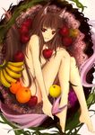  animal_ears apple banana barefoot brown_hair error feet food fruit grapes holding holo illusionk long_hair lying nude orange red_eyes spice_and_wolf tail wolf_ears 