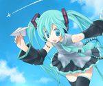  aqua_eyes aqua_hair bad_id bad_pixiv_id chitose_kiiro cloud day hatsune_miku long_hair necktie paper_airplane skirt sky solo thighhighs twintails vocaloid zettai_ryouiki 