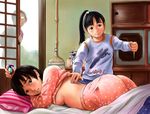  2girls av-98_ingram black_hair breasts brown_eyes hands lips long_hair lying medium_breasts mimura_kaoru multiple_girls on_stomach original pajamas peeping ponytail shirt_lift short_hair thermometer underboob vaporub voyeurism 