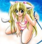  animal_ears beach bell bikini blonde_hair blue_eyes blush breasts cat_ears cleavage copyright_request fang highres large_breasts long_hair solo swimsuit tail tomoya_kankurou twintails 