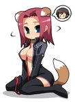  animal_ears blue_eyes code_geass collar dog_ears dog_girl imaizumi_teruhiko kallen_stadtfeld leash lelouch_lamperouge navel open_clothes open_shirt order_of_the_black_knights_uniform red_hair shirt short_hair sitting solo tail thighhighs triangle_mouth 