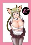  1girl animal_ears blonde_hair blue_eyes blush breasts cat_ears cat_tail chubby cleavage curvy fat highres huge_breasts kato_hayabusa long_hair maid plump ribbon solo tail thighhighs 