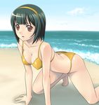  all_fours barefoot beach bikini breasts day green_hair hairband idolmaster idolmaster_(classic) idolmaster_1 kneeling medium_breasts mole mole_under_mouth muhi11234 otonashi_kotori outdoors red_eyes short_hair solo swimsuit 