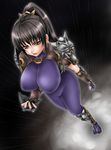  1girl armor black_hair bodysuit breasts brown_eyes from_above huge_breasts ninja ponytail rain solo soulcalibur taki_(soulcalibur) 