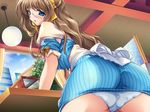  beat_angel_escalayer blue_eyes blue_panties blush brown_hair game_cg glasses kouenji_sayuka long_hair onigirikun panties solo underwear upskirt waitress 