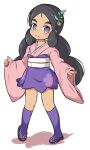  1girl bangs black_footwear black_hair blush closed_mouth colored_shadow cosplay creatures_(company) full_body furisode_girl_(pokemon) furisode_girl_(pokemon)_(cosplay) furisode_girl_shione furisode_girl_shione_(cosplay) game_freak hair_ornament hapu&#039;u_(pokemon) high-waist_skirt japanese_clothes kimono kneehighs long_hair long_sleeves low_twintails nekono_rin nintendo parted_bangs pink_kimono pokemon pokemon_(game) pokemon_sm purple_eyes purple_legwear purple_skirt shadow skirt sleeves_past_wrists smile solo standing thick_eyebrows twintails very_long_hair white_background wide_sleeves zouri 