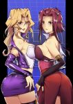  2girls artist_request ass bare_shoulders blonde_hair breast_press breasts brown_eyes choker earrings elbow_gloves fingerless_gloves gloves hair_ornament izayoi_aki jewelry kujaku_mai large_breasts long_hair looking_at_viewer medium_breasts multiple_girls parted_lips pencil_skirt purple_eyes red_hair shiny shiny_clothes shiny_hair shiny_skin short_hair_with_long_locks showgirl_skirt skirt smile thighhighs vest yu-gi-oh! yuu-gi-ou_5d&#039;s 