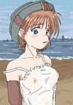  bare_shoulders beach blue_eyes breasts brown_hair camisole day elbow_gloves explosive gloves hat kirio_(ccr00235) lowres medium_breasts military mine_(weapon) nipples ocean oekaki original personification see-through ship short_hair solo strap_slip watercraft weapon 