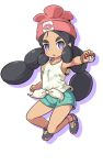  1girl beanie black_footwear black_hair blush colored_shadow cosplay creatures_(company) drop_shadow food_print full_body game_freak green_shorts hapu&#039;u_(pokemon) hat holding holding_poke_ball long_hair looking_at_viewer low_twintails mizuki_(pokemon) mizuki_(pokemon)_(cosplay) nekono_rin nintendo outstretched_arm parted_lips poke_ball poke_ball_(generic) pokemon pokemon_(game) pokemon_sm print_shirt purple_eyes red_hat shadow shirt shoes short_sleeves shorts solo thick_eyebrows twintails very_long_hair white_background white_shirt 