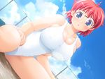  blue_eyes breasts bursting_breasts chain-link_fence cleavage cloud covered_nipples day dutch_angle fence game_cg glasses hibino_shizuru huge_breasts one-piece_swimsuit outdoors paimega red_hair sakechan short_hair sitting sky solo swimsuit white_swimsuit 