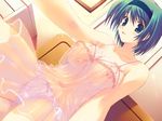  blue_eyes blush breasts game_cg green_hair hairband large_breasts lingerie midriff mitsumi_misato navel nightgown nipples open_mouth panties see-through solo to_heart_2 to_heart_2_ad underwear yoshioka_chie 