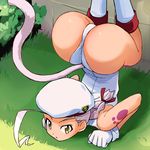  arched_back ass braid cammy_white cammy_white_(cosplay) cat cat_tail cosplay gloves haruyama_kazunori keroro_gunsou leotard lowres neko_(keroro_gunsou) purple_hair short_hair solo street_fighter tail upside-down white_leotard yellow_eyes 