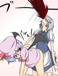  all_fours bad_id bad_pixiv_id blood blue_hair blush bottomless dress dress_lift epic_nosebleed hat izayoi_sakuya kupaa kuroa looking_back multiple_girls no_panties nosebleed remilia_scarlet ribbon short_hair socks touhou wings yuri 