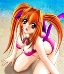  animal_ears beach bell bikini breasts cat_ears cat_tail cleavage day ears_down eyebrows_visible_through_hair from_above hair_intakes highres kneeling large_breasts long_hair open_mouth original outdoors photo_background pink_bikini red_eyes red_hair sand shiruru solo swimsuit tail tomoya_kankurou twintails water 