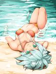  :3 animal_ears aqua_hair beach bikini blush breasts copyright_request day green_eyes large_breasts lying ocean outdoors sajipen short_hair swimsuit tail water 