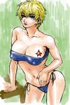  bare_shoulders bikini blonde_hair breasts cleavage copyright_request itou_eito large_breasts lowres mole mole_under_eye short_hair side-tie_bikini solo swimsuit tattoo 