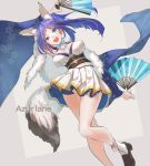  :d animal_ear_fluff animal_ears arm_up azur_lane black_footwear blue_bow blue_eyes blue_hair blue_skirt bow breasts cleavage copyright_name fan flower folding_fan fox_ears fox_tail fur_trim hair_flower hair_ornament holding holding_fan jintsuu_(azur_lane) large_breasts layered_skirt legs loafers long_hair long_sleeves looking_at_viewer miniskirt obi open_mouth ponytail sash shoes skirt smile socks solo tail white_skirt wide_sleeves ya99ru 
