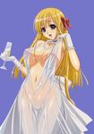  alcohol beads blonde_hair breasts champagne choker collarbone cupping_glass dress evening_gown gloves gown highres hips jewelry kuroda_kazuya large_breasts long_hair navel necklace nipples open_mouth original purple_eyes ribbon see-through solo tongue wet wet_clothes white_gloves 