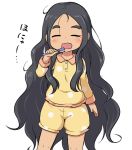  1girl bangs black_hair blush collared_shirt creatures_(company) eyes_closed facing_viewer game_freak hand_up hapu&#039;u_(pokemon) holding holding_toothbrush long_hair nekono_rin nintendo open_mouth pajamas parted_bangs pokemon pokemon_(game) pokemon_sm polka_dot polka_dot_shirt polka_dot_shorts shirt short_shorts shorts simple_background solo tears thick_eyebrows toothbrush translation_request very_long_hair wavy_mouth white_background yellow_pajamas yellow_shirt yellow_shorts 