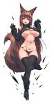  absurdres animal_ears antenna_hair bare_shoulders black_legwear breasts brown_hair commentary curvy dsr-50_(girls_frontline) fox_ears fox_tail girls_frontline highres huge_breasts long_hair navel paw_pose pubic_tattoo red_eyes sharp_teeth skindentation solo sub-res tail tattoo teeth thigh_gap thighs torn_clothes transparent_background underboob very_long_hair wide_hips wolf_ears 