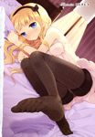  bed blonde_hair blue_eyes blush copyright_request dutch_angle feet hairband highres komi_zumiko lamp legs lying nightgown on_side pantyhose pov_feet print_legwear ribbon solo 