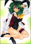  animal_ears bare_legs breasts bunny_ears bunnysuit cleavage green_hair high_heels kazami_yuuka large_breasts leg_garter legs open_clothes open_shirt plaid plaid_vest red_eyes shirt shoes short_hair solo touhou traditional_media vest yadokari_genpachirou 