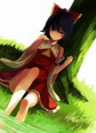  bare_legs dutch_angle grass hakurei_reimu legs light_smile long_legs outdoors sitting soaking_feet solo touhou tree under_tree water yasumo_(kuusouorbital) 