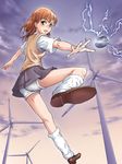  brown_eyes brown_hair coin electricity kneepits legs misaka_mikoto school_uniform short_hair shorts solo sweater_vest to_aru_kagaku_no_railgun to_aru_majutsu_no_index wind_turbine windmill yoshikawa_kazunori 