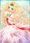  blonde_hair border circlet collarbone dress emeraude_(rayearth) gown green_eyes holding long_hair magic_knight_rayearth open_mouth pink_dress princess smile solo totsuki very_long_hair 