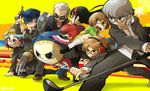  4girls amagi_yukiko bad_id bad_pixiv_id black_hair black_legwear blue-framed_eyewear blue_hair brown_eyes brown_hair cabbie_hat claws earrings everyone glasses golf_club grey_eyes grey_hair gun hanamura_yousuke handgun hat jewelry kicking kujikawa_rise kuma_(persona_4) long_hair multiple_boys multiple_girls narukami_yuu open_mouth orange-framed_eyewear pantyhose persona persona_4 pink-framed_eyewear pleated_skirt red-framed_eyewear revolver satonaka_chie scar school_uniform shirogane_naoto short_hair skirt socks sunglasses tatsumi_kanji weapon white_legwear wrench yellow-framed_eyewear yukataro 