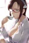  blue_eyes breasts brown_hair cleavage cup downblouse drinking evangelion:_2.0_you_can_(not)_advance glasses hairband large_breasts long_hair makinami_mari_illustrious naked_shirt neon_genesis_evangelion open_clothes open_shirt rebuild_of_evangelion red-framed_eyewear shirt solo teacup ueyama_michirou unbuttoned 