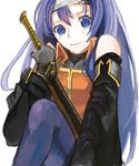  bare_shoulders blue_eyes blue_hair fire_emblem fire_emblem:_akatsuki_no_megami fire_emblem:_souen_no_kiseki gloves hairband headband pupps smile solo sword thighhighs wayu_(fire_emblem) weapon white_hairband 