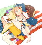  american_flag bad_id bad_pixiv_id banana blonde_hair blue_eyes candy condom condom_wrapper doughnut feet food fruit inazuma_eleven inazuma_eleven_(series) jacket lingerie lollipop long_sleeves lying male_focus mark_kruger otoko_no_ko panties pillow short_hair solo stuffed_toy thighhighs toy underwear unicorn wagimocco 