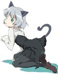  animal_ears black_legwear blush face green_eyes loafers looking_back military military_uniform panties panties_under_pantyhose pantyhose sanya_v_litvyak shoes short_hair silver_hair solo strike_witches tail umanosuke underwear uniform world_witches_series 