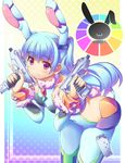  animal_ears bad_id bad_pixiv_id blue_hair bodysuit bunny_ears gun ibuki_mana leaning_forward long_hair original purple_eyes solo weapon 