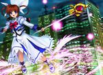  building flying lyrical_nanoha magic_circle mahou_shoujo_lyrical_nanoha mutsuki_(moonknives) night raising_heart skyscraper solo staff takamachi_nanoha 