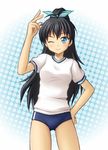  black_hair blue_eyes buruma ganaha_hibiki gym_uniform idolmaster idolmaster_(classic) long_hair one_eye_closed ponytail solo utomo 