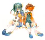  bad_id bad_pixiv_id ball brown_hair endou_mamoru green_hair hair_over_one_eye headband holding_hands inazuma_eleven inazuma_eleven_(series) kazemaru_ichirouta light_smile multiple_boys open_mouth orange_eyes ponytail sabutarou short_hair sitting smile soccer_ball telstar 