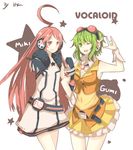  \m/ ahoge bad_id bad_pixiv_id goggles goggles_on_head green_eyes green_hair gumi headphones headset itsia long_hair multiple_girls one_eye_closed red_eyes red_hair sf-a2_miki short_hair smile vocaloid 