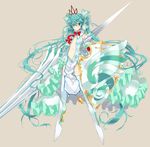  aqua_eyes aqua_hair bow bowtie chun_(friendly_sky) hair_ribbon hatsune_miku lance long_hair navel polearm ribbon shield simple_background solo thighhighs twintails very_long_hair vocaloid weapon 