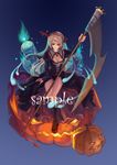  blonde_hair blue_fire boots breasts candle cleavage demon_girl dress fire ghost head_wings legs long_hair medium_breasts nataku39 original pumpkin sample scythe simple_background sitting solo weapon 