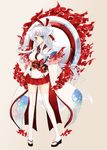  amaterasu_(mythology) animal_ears blue_eyes chun_(friendly_sky) facial_mark fire hair_ornament japanese_clothes japanese_mythology jewelry kimono personification ponytail ring solo tail thighhighs white_hair white_legwear wolf wolf_ears wolf_tail yujie_shenji 