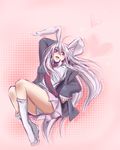  animal_ears arm_up bad_id bad_pixiv_id blazer bunny_ears heart jacket kneehighs lavender_hair long_hair loose_socks necktie nimai-jita panties pantyshot red_eyes reisen_udongein_inaba sketch socks solo striped striped_panties touhou underwear very_long_hair white_legwear 