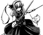  =_= dual_wielding facial_hair ghost greyscale holding iseno_yajin konpaku_youki konpaku_youmu konpaku_youmu_(ghost) monochrome mustache short_hair solo sword touhou weapon 