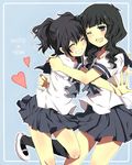  bad_id bad_pixiv_id black_eyes black_hair black_rock_shooter kuroi_mato mitsu_yomogi multiple_girls one_eye_closed school_uniform serafuku short_hair skirt smile takanashi_yomi twintails yuri 