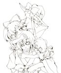  2girls bow bridal_gauntlets broom carrying glasses hair_bow hakurei_reimu hat hat_removed headwear_removed highres kirisame_marisa large_bow lineart monochrome morichika_rinnosuke multiple_girls on_head one_eye_closed person_on_head serizawa_mutsuki sleeping sweatdrop tasuki touhou transparent_background witch_hat younger 