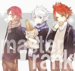  bad_id bad_pixiv_id bag blue_eyes bread eating food green_eyes inazuma_eleven inazuma_eleven_(series) kiyama_hiroto multiple_boys nagumo_haruya plaid plaid_scarf pun2 red_hair scarf school_uniform short_hair white_hair yellow_eyes 