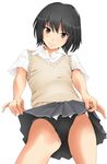  amagami black_hair brown_eyes competition_swimsuit face from_below grey_skirt head_tilt kibito_high_school_uniform kishida-shiki looking_down nanasaki_ai one-piece_swimsuit pleated_skirt school_uniform short_hair skirt skirt_lift smile solo sweater_vest swimsuit swimsuit_under_clothes 